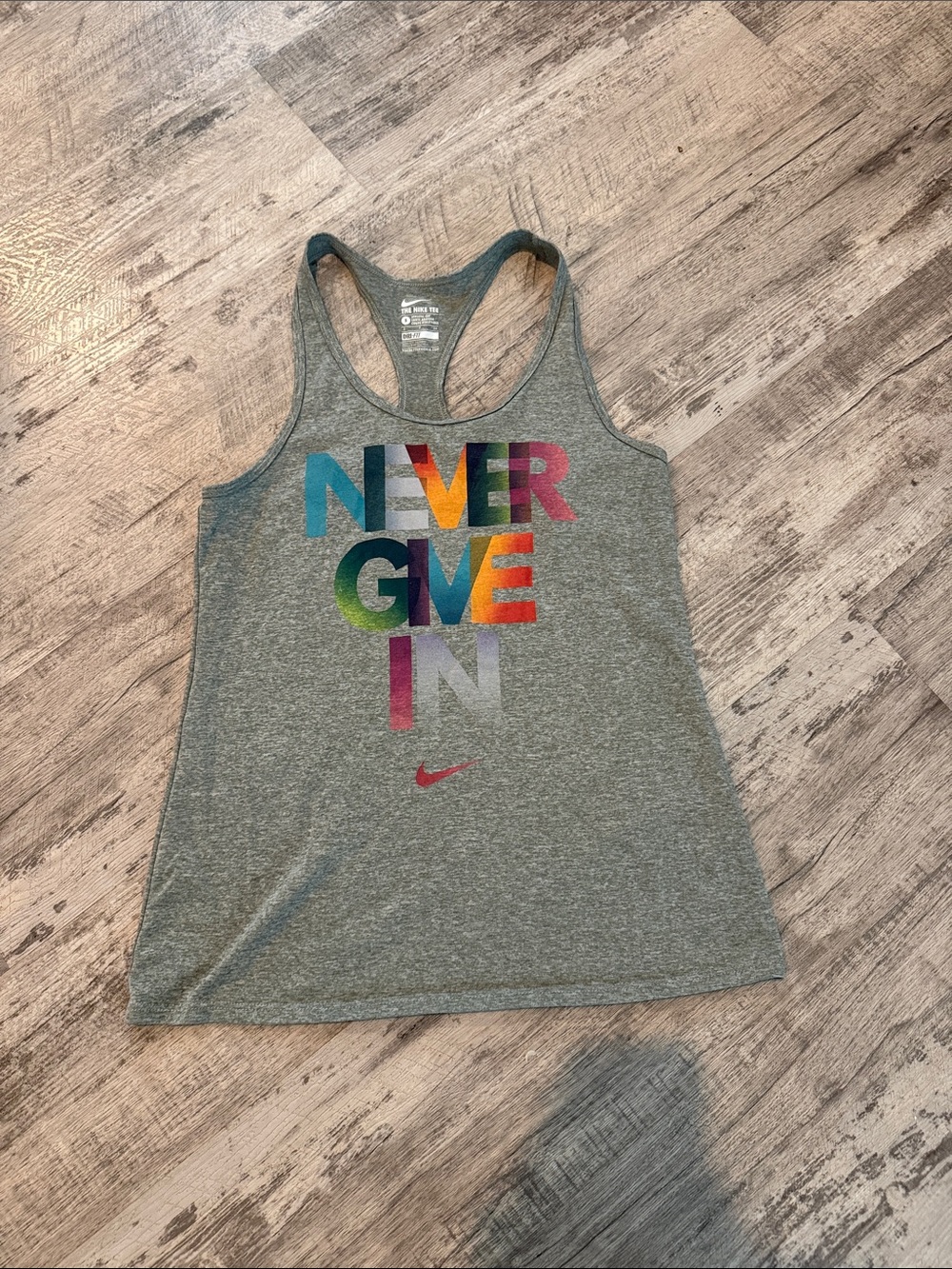 Nike Gray Racerback Tank with Multicolor 'NEVER GIVE IN' Print